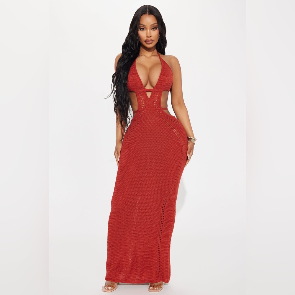 Fashionnova Easy Breezy Crochet Maxi Dress - Rust XS